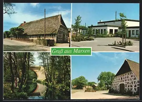 AK Marxen /Lüneburger Heide, Reetgedecktes Fachwerkhaus, Flusspartie mit Brücke