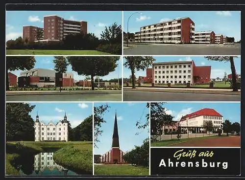 AK Ahrensburg / Holstein, Ansichten aus dem Neubauviertel, Kirche, Schlossansicht vom Fluss
