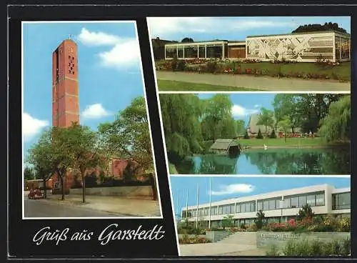 AK Garstedt / Norderstedt, Kirche, Gemeindebücherei, alter Dorfteich, Coppernicus-Gymnasium