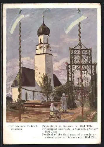 Künstler-AK Gaissach / Bad Tölz, Primizfeier an der Kirche