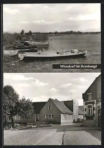 AK Wiendorf / Bernburg, Strassenpartie, Boote am Seeufer