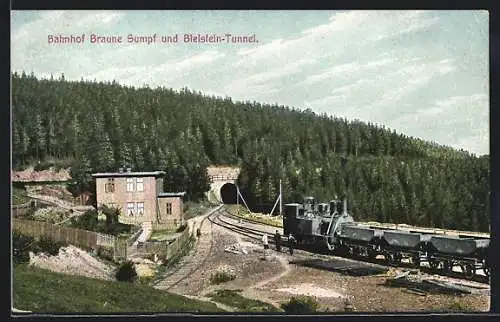 AK Blankenburg / Harz, Bahnhof Braune Sumpf am Bielstein-Tunnel mit Harz-Zahnrad-Bahn