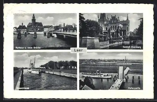 AK Leer / Ostfriesland, Seeschleuse, Hafenpartie, Rathaus und neue Brücke