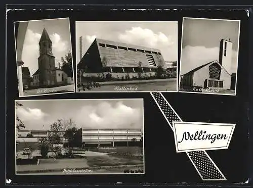 AK Nellingen / Fildern, Ev. Kirche, Hallenbad, Kath. Kirche, Schulzentrum