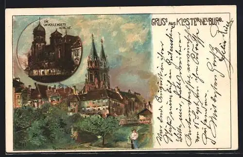 Lithographie Klosterneuburg, Die Stiftskirche und die unvollendete Kirche