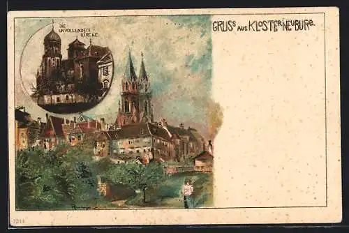 Lithographie Klosterneuburg, Die Unvollendete Kirche, Ortspartie mit Kirche