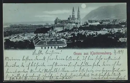 Mondschein-AK Klosterneuburg, Blick über die Dächer zur Stiftskirche