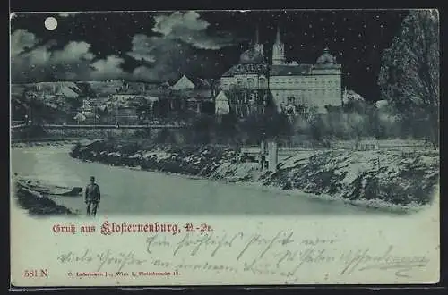 Mondschein-AK Klosterneuburg /N.-Oe., Partie an der Flussbiegung