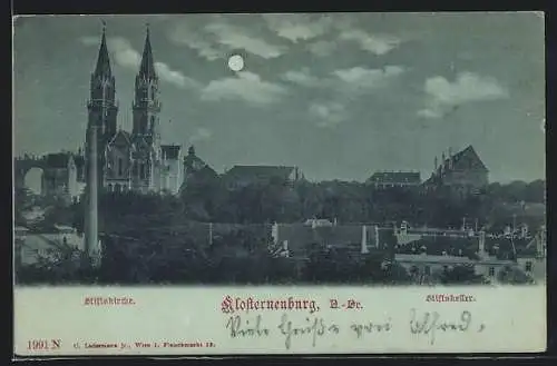 Mondschein-AK Klosterneuburg /N.-Oe., Ortsansicht mit Stiftskirche und Stiftskeller