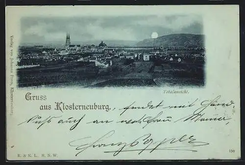 Mondschein-AK Klosterneuburg, Gesamtansicht mit dem Mond