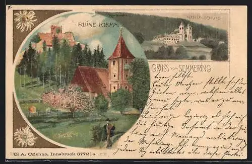 Künstler-AK Semmering, Partie an der Ruine Klamm, Maria Schutz