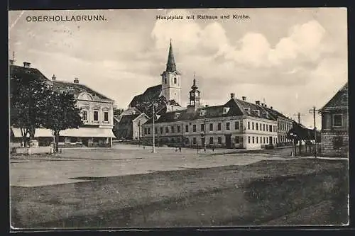 AK Oberhollabrunn, Hauptplatz mit Rathaus und Kirche