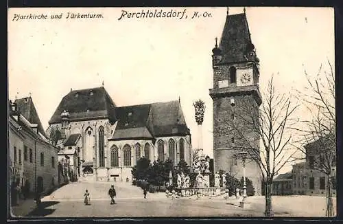 AK Perchtoldsdorf /N.-Oe., Pfarrkirche und Türkenturm