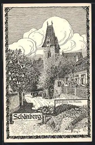 Künstler-AK Schönberg, Pfarrkirche, Schlossberg mit Ruine