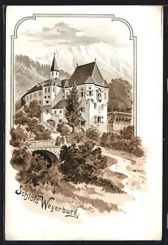 Lithographie Weyerburg, Ansicht vom Schloss