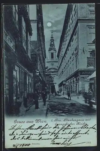 Mondschein-AK Wien, Plankgasse mit Evangelischer Kirche