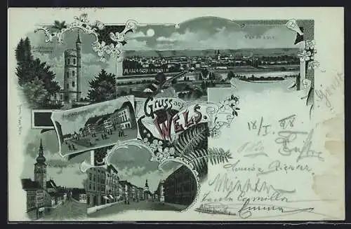 Mondschein-Lithographie Wels, Vorstadtplatz, Marienwarte am Reinberg, Panorama