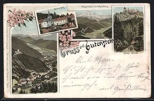 Lithographie Gutenstein, Ortsansicht, Lange-Brücke, Klosterthal mit Schneeberg, Maria Hilf