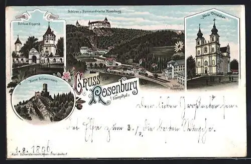 Lithographie Rosenburg i. Kampthal, Schloss, Maria Dreieichen, Ruine Schauenstein