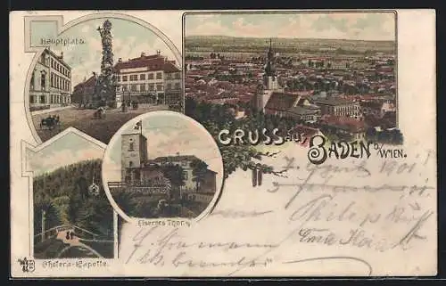 Lithographie Baden, Eisernes Tor, Cholera-Kapelle, Hauptplatz