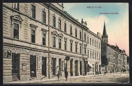 AK Wels, Westbahnstrasse mit Gemischtwarenhandlung