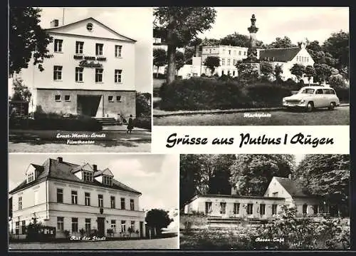 AK Putbus /Rügen, Rosen Cafe, Filmtheater, Marktplatz