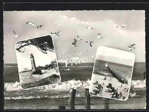 AK Prerow, Badestrand, Leuchtturm, Strand mit Möwen