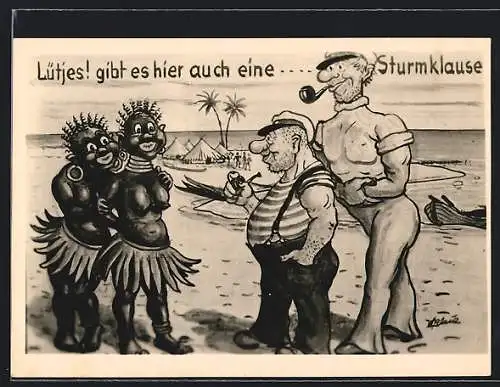 AK Kühlungsborn, Sturmklause, Seemänner mit Pfeife, Karikatur