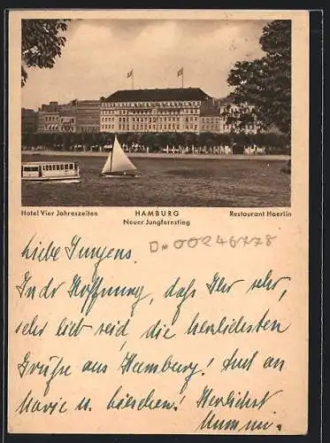 AK Hamburg-Neustadt, Neuer Jungfernstieg, Hotel Vier Jahreszeiten, Restaurant Haerlin, Dampfer