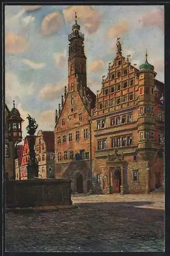 Künstler-AK Vinzenz Marschall: Rothenburg, Herterichbrunnen und Rathaus