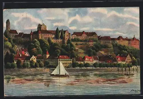 Künstler-AK Meersburg am Bodensee, Teilansicht und Segelboot
