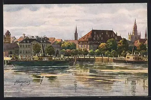 Künstler-AK Vinzenz Marschall: Konstanz a. Bodensee, Hafen, Konziliumsgebäude und Münster