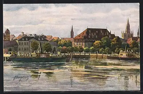 Künstler-AK Vinzenz Marschall: Konstanz a. Bodensee, Hafen, Konziliumsgebäude und Münster