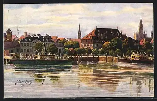 Künstler-AK Vinzenz Marschall: Konstanz a. Bodensee, Hafen, Konziliumsgebäude und Münster