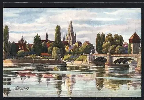 Künstler-AK Vinzenz Marschall: Konstanz, Rheinbrücke, Rheintorturm und Münster