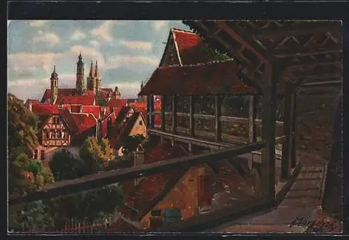 Künstler-AK Vinzenz Marschall: Rothenburg ob der Tauber, Blick vom Wehrgang