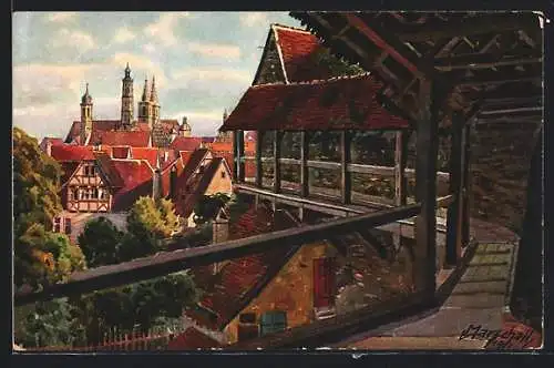 Künstler-AK Vinzenz Marschall: Rothenburg ob der Tauber, Blick vom Wehrgang auf Rathaus und Jakobskirche