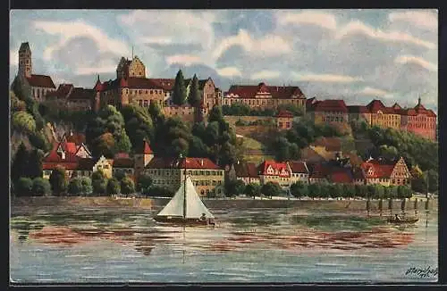 Künstler-AK Meersburg am Bodensee, Teilansicht und Segelboot