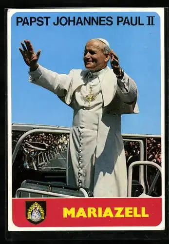 AK Mariazell, Papstbesuch 1980, Grüssender Papst im Papamobil