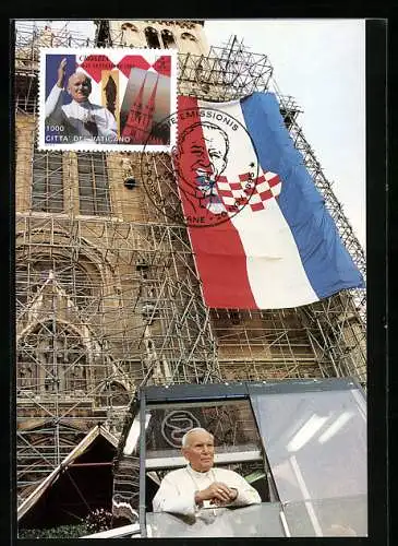 AK Kroatien, Papstbesuch 1994, Im Papamobil vor einer Kirche mit Nationalflagge