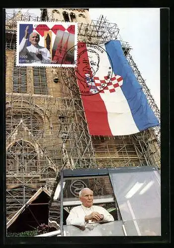 AK Kroatien, Papstbesuch 1994, Papst im Papamobil vor einer Kirche, Nationalflagge
