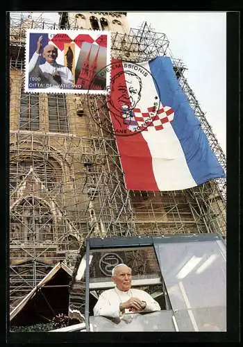 AK Kroatien, Papstbesuch 1994, Im Papamobil vor einer Kirche, Nationalflagge