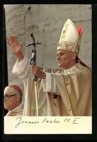 AK Papst Johannes Paul II. hebt segnend den Arm mit Ferula