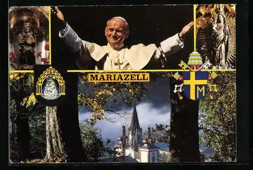 AK Mariazell, Papstbesuch 1983, Papst Johannes Paul II., Marienstatue, Wappen