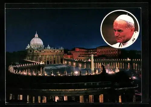 AK Citta del Vaticano, Beleuchtete Piazza mit Basilica, Portrait Papst Johannes Paul II.