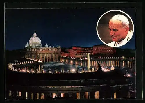 AK Vatikan, Platz und Petersdom bei Nacht, Portrait Papst Johannes Paul II.