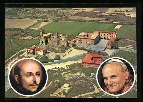 AK Loyola, Papstbesuch, Portraits Papst Johannes Paul II. und Loyola, Ortsansicht vom Flugzeug aus