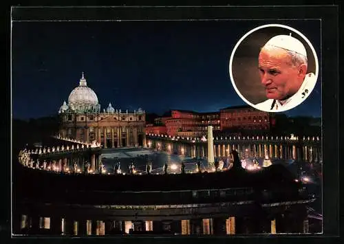 AK Vatikan, Beleuchteter Petersdom bei Nacht, Portrait des Papstes