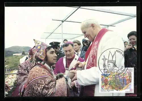 AK Lateinamerika, Papstbesuch 1985, Der Papst begrüsst einen Indio