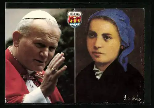AK Lourdes, Portraits Bernadette von Lourdes und Papst Johannes Paul II., Wappen